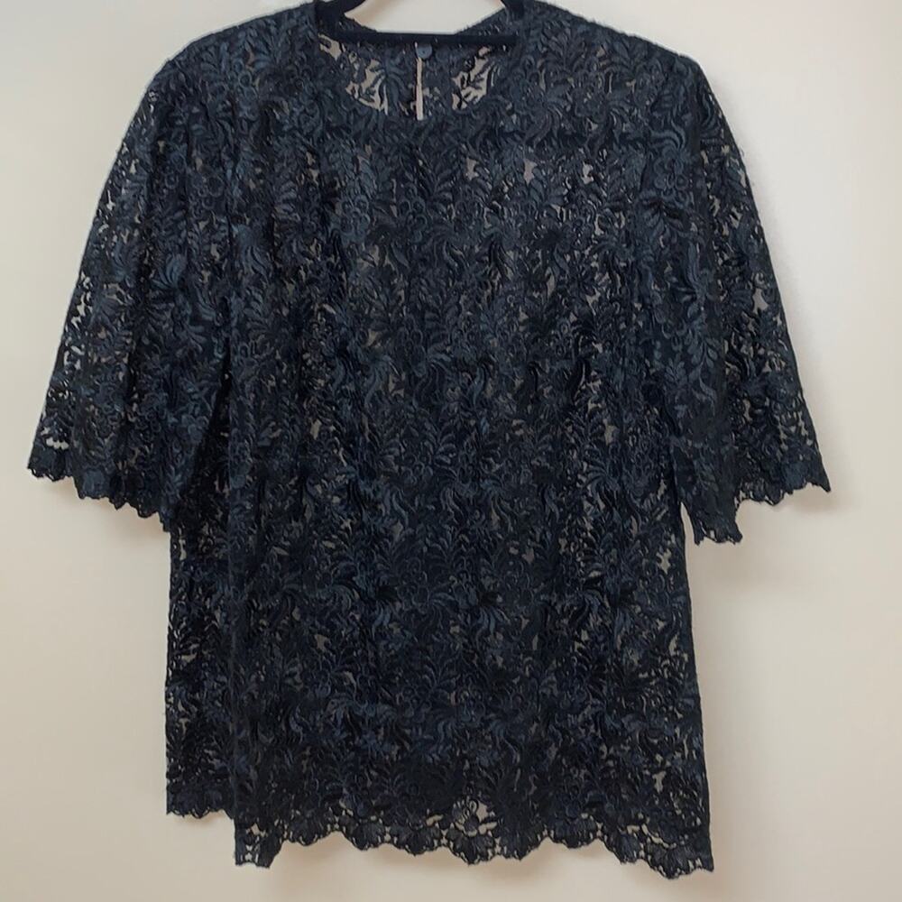 Black Floral Velvet Lace Overlay Sheer Short Sleeve Career Top